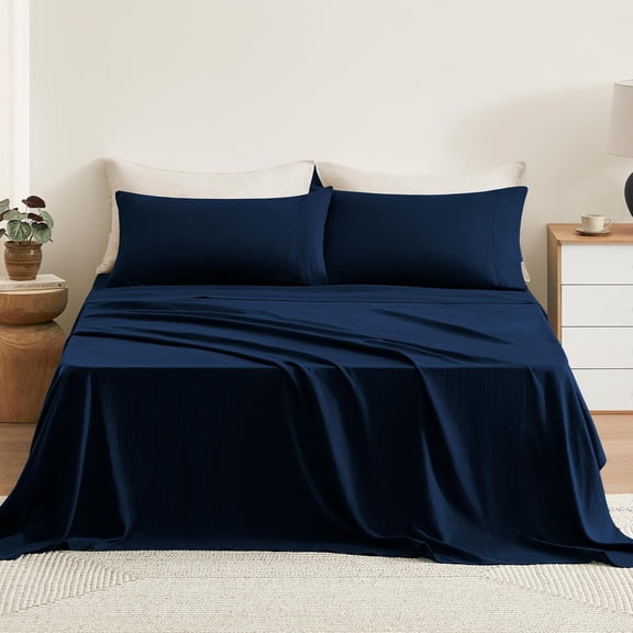 TOSMO Pure Linen Sheets Set, 100% French Natural Linen Flax Bedding 4pc Set (King, 1 Flat Sheet, 1 Fitted Sheet, 2 Pillowcases) - Navy