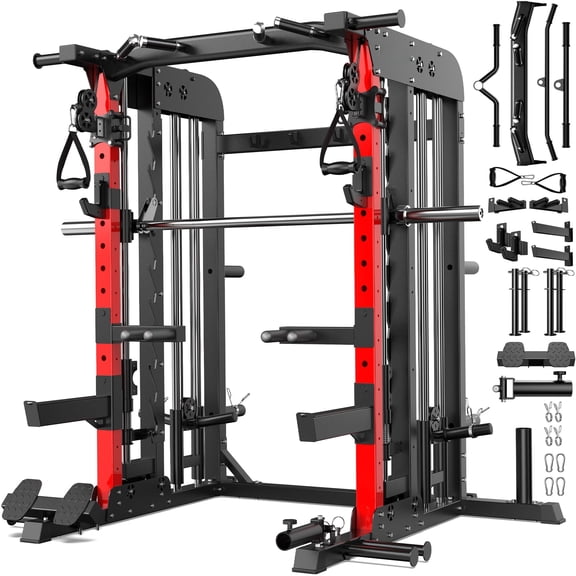 LNOW All-in-One Home Gym Workout Station: Smith Machine, Power Cage, Dual Pulley Cable Crossover – Full Body Exercise System
