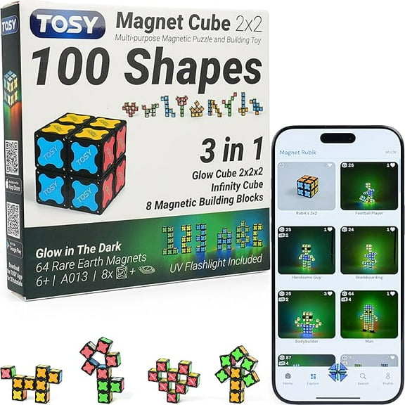 TOSY Magnet Cube 2x2 - 8 Blocks, 2 in 1 Toy: 2x2x2 Puzzle Cube and Customizable Infinity Cube, Glowing, UV Flashlight, Fidget/Sensory/STEM/STEAM Magnet Tiles Birthday Gift for kids/teens/adults