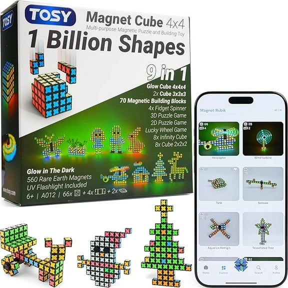TOSY Magnet Cube 4x4 - 70 Blocks, 560 Magnets, Multipurpose: Creative Building Blocks, Transformable Fidget Spinner, Puzzle/Infinity Cube, Christmas Stocking Stuffers Gift for Kids, Glowing STEM Toy