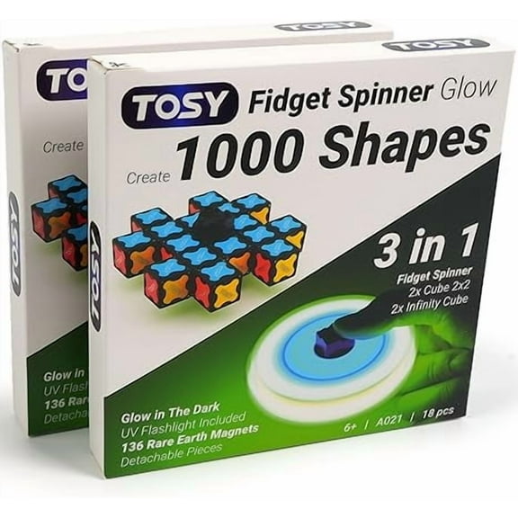 TOSY Magnet Fidget Spinner Glow - 16 blocks, 3in1 Toy: Transformable Fidget Spinner, Infinity/Puzzle Cube, Glowing, Christmas Stocking Stuffers Gift for Kids/Adult, STEM Sensory Stress Relief, 2-pack