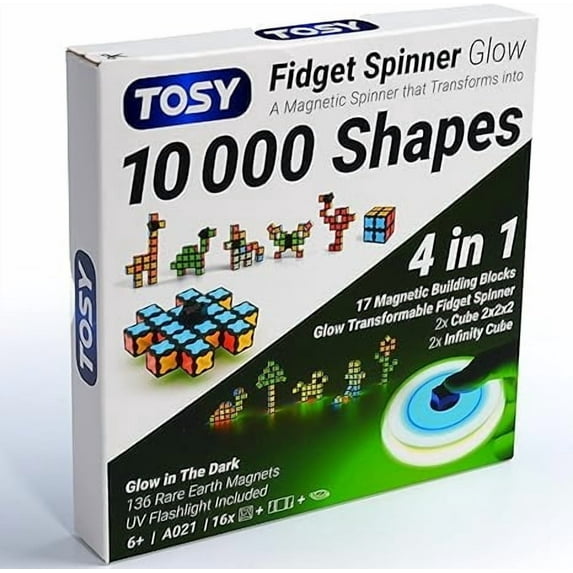 TOSY Magnet Fidget Spinner Glow - 16 blocks, 3in1 Toy: Transformable Fidget Spinner, Infinity/Puzzle Cube, Glowing, Christmas Stocking Stuffers Gift for Kids/Adults, STEM Sensory Stress Relief