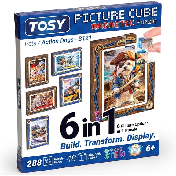 TOSY Picture Cube Action Dogs: 6-in-1 Magnetic Picture Puzzle, 48 Blocks, 288 Faces/Magnets, 0.6 in, B121, Seamless UV Art, Display-Ready Frame, Collectible, STEM/STEAM Gift for Kids & Adults