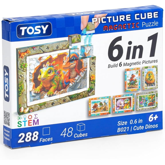 TOSY Picture Cube Cute Dinos: 6-in-1 Magnetic Picture Puzzle, 48 Blocks, 288 Faces/Magnets, 0.6 in, B121, Seamless UV Art, Display-Ready Frame, Collectible, STEM/STEAM Gift for Kids & Adults