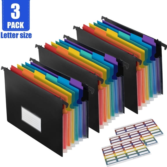 TOSYOFFI 3 Packs Plastic Expanding Hanging File Folders with Retractable Hook, 7 Innovative 1.2" Accordian Pockets, Large Capacity, Multi-Color Tabs, Letter Size for Filing Cabinet