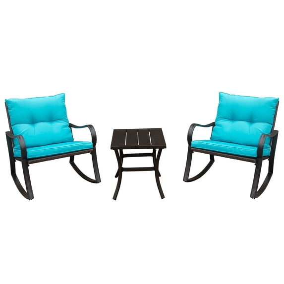 TOTAL 3 Piece Rocking Chair Patio Bistro Set Balcony Chairs Iron Conversation Sets Outdoor Furniture with Glass Coffee Table for Porch Poolside Lawn (Blue, Curved Armrest)