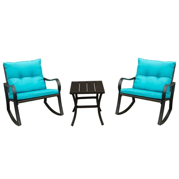 TOTAL 3 Piece Rocking Chair Patio Bistro Set Balcony Chairs Iron Conversation Sets Outdoor Furniture with Glass Coffee Table for Porch Poolside Lawn (Blue, Curved Armrest)