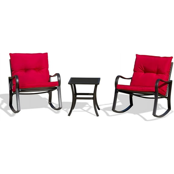 TOTAL 3 Piece Rocking Chair Patio Bistro Set Balcony Chairs Iron Conversation Sets Outdoor Furniture with Glass Coffee Table for Porch Poolside Lawn (Red, Curved Armrest)