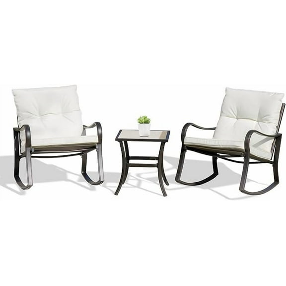 TOTAL 3 Piece Rocking Chair Patio Bistro Set Balcony Chairs Iron Conversation Sets Outdoor Furniture with Glass Coffee Table for Porch Poolside Lawn (White, Curved Armrest)