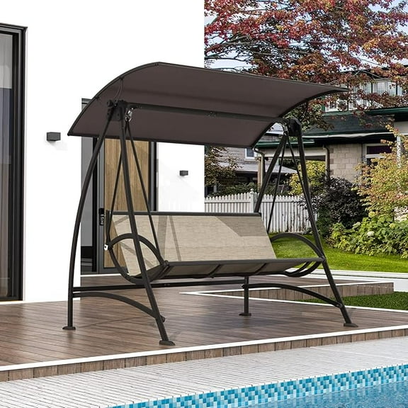 TOTAL 3-Seat Porch Patio Swing with Adjustable Canopy.Outdoor Loveseat Swing with Armrests, Weather-Resistant Steel Frame, Dark Brown Textilene Fabric