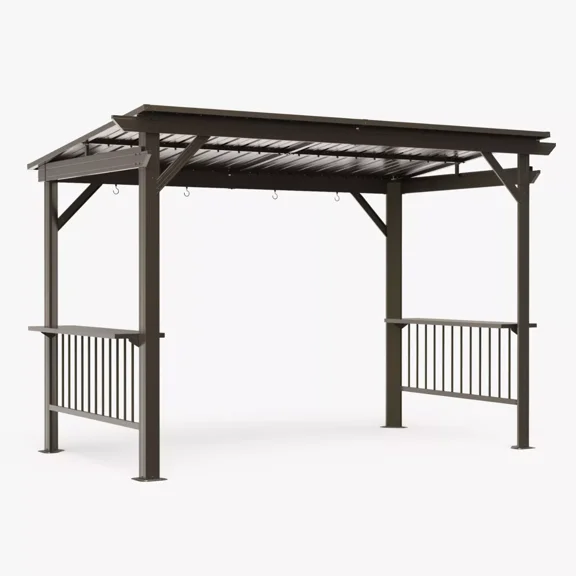 TOTAL 6.5x12FT Hardtop Grill Gazebo, Outdoor BBQ Shelter with 2 Side Shelves, Sloping Steel Roof, Permanent Sun Shade & Ceiling Hooks for Patio, Deck, Yard, Garden (Brown)