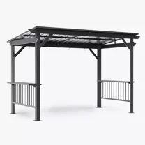 TOTAL 6.5x12FT Hardtop Grill Gazebo, Outdoor BBQ Shelter with 2 Side Shelves, Sloping Steel Roof, Permanent Sun Shade & Ceiling Hooks for Patio, Deck, Yard, Garden (Gray)