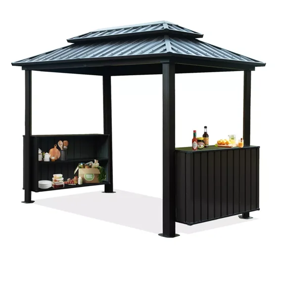 TOTAL 6x10FT Hardtop Grill Gazebo – Outdoor Metal BBQ Canopy with Galvanized Steel Double Roof, 2 Storage Cabinets, Ceiling Hooks, Permanent Patio Shelter for Backyard and Garden, Gray
