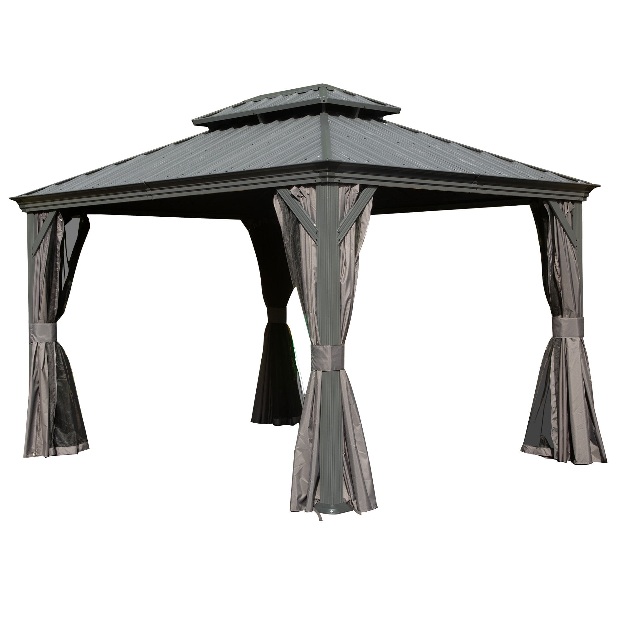 Gray 10' x 12' Aluminum and Steel Hardtop Gazebo with Curtains