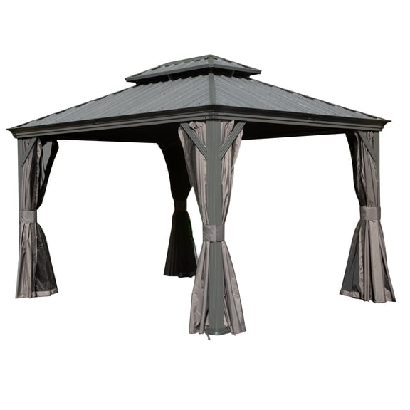TOTAL Outdoor 10' x 12' Hardtop Gazebo, Galvanized Steel Double Roof Canopy W/Curtains and Netting, Drainage System, Sunshade for Deck, Lawns and Backyard, Gray.
