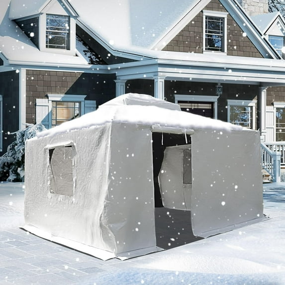TOTAL Outdoor 10' x 14' Gazebo Winter Cover, Double Roof Waterproof Enclosure with Sidewalls & Mesh Windows, Universal Fit for Hardtop Gazebos,, White