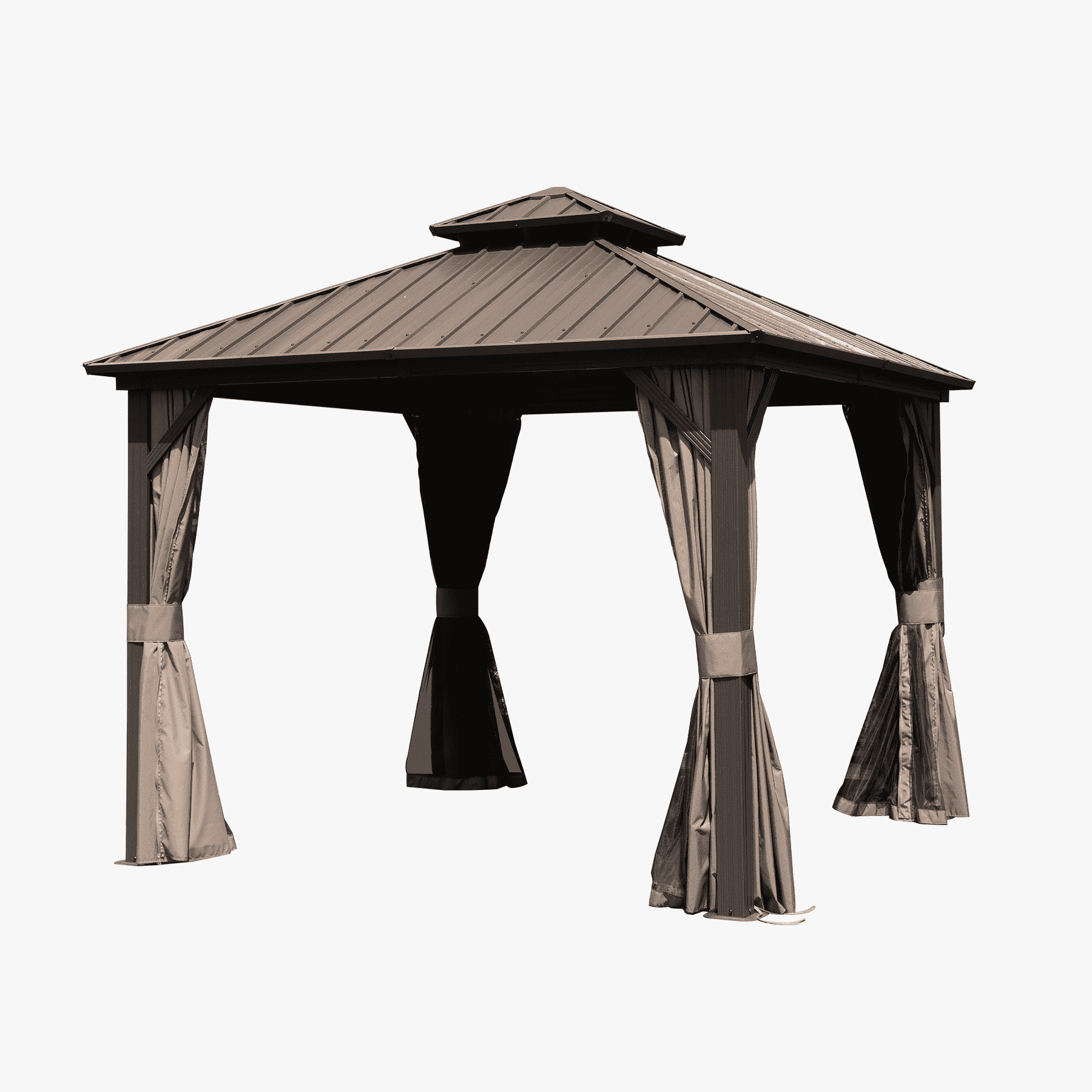 10' x 10' Dark Brown Aluminum Hardtop Gazebo with Curtains and Netting