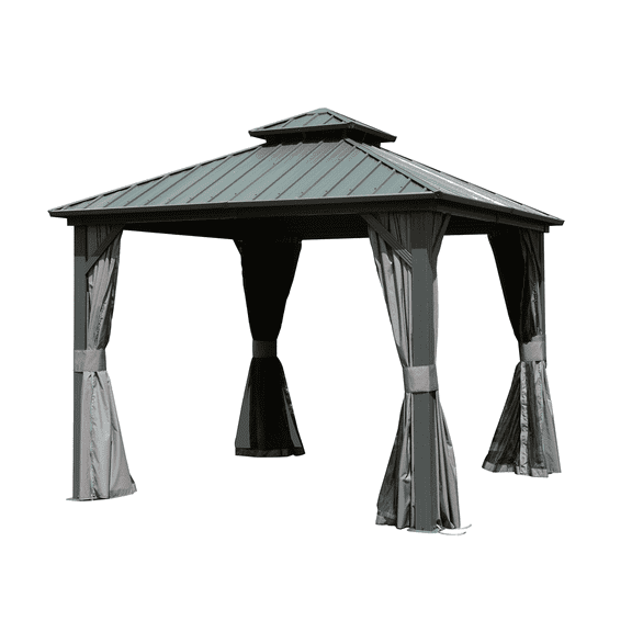 TOTAL Outdoor 10x10 ft Hardtop Gazebo Canopy Metal with Galvanized Steel Double Roof,Curtain & Netting for Patio Deck Backyard, Gray