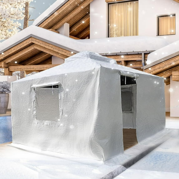 TOTAL Outdoor 10x12 FT Gazebo Winter Cover, Double Roof Waterproof Enclosure with Sidewalls & Mesh Windows, Universal Fit for Hardtop Gazebos, White