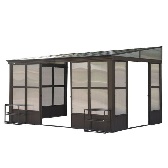 TOTAL Outdoor 10x12FT Aluminum frame Sunroom with PC Sloping Roof, Detachable PC Screen, Lockable Sliding Front & Side Doors, Outdoor Lean-to Gazebo for Deck or Patio