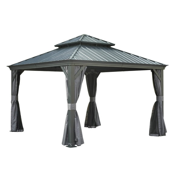 TOTAL Outdoor 12' x 12' Hardtop Gazebo, Galvanized Steel Double Roof Canopy W/Curtains and Netting, Drainage System, Sunshade for Deck, Lawns and Backyard, Gray.