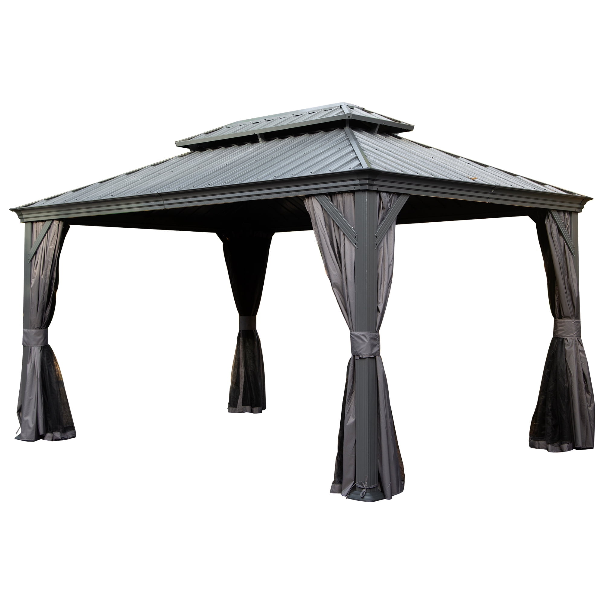 Gray Aluminum Hardtop Gazebo with Curtains and Netting, 12' x 16'