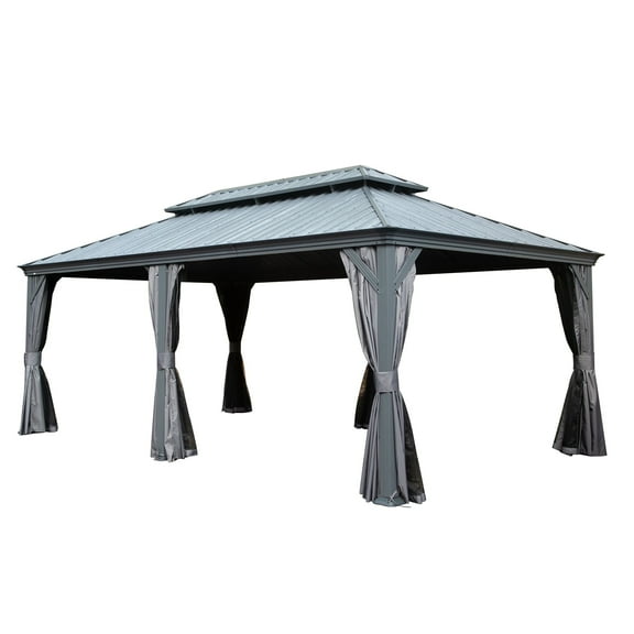 TOTAL Outdoor 12' x 18' Hardtop Gazebo, Galvanized Steel Double Roof Canopy W/Curtains and Netting, Drainage System, Sunshade for Deck, Lawns and Backyard, Gray.