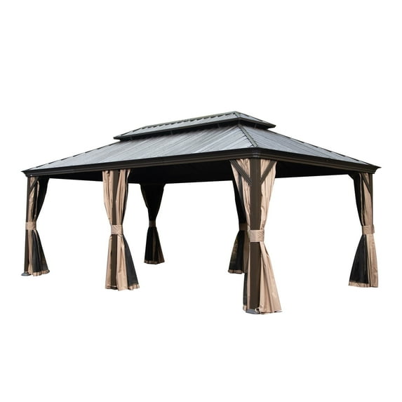 TOTAL Outdoor 12' x 20' Hardtop Gazebo, Galvanized Steel Double Roof Canopy W/Curtains and Netting, Drainage System, Sunshade for Deck, Lawns and Backyard, Brown.