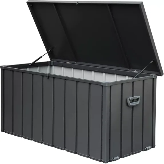 TOTAL Outdoor 120 Gallon Outdoor Deck Box,Waterproof & Rodent-Proof Steel-Reinforced Deck Container,Hydraulic Safety Lid with Lock,Patio, Garden, Pool Equipment Organizer,Dark Gray