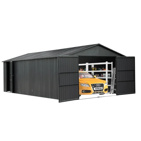 TOTAL Outdoor 12x15FT Outdoor Metal Garage Shed, Extra-Large Steel Carport with Lockable Double Doors, Heavy-Duty Car Shelter for Cars, Trucks, Motorcycles, and Lawn Equipment, Dark Grey