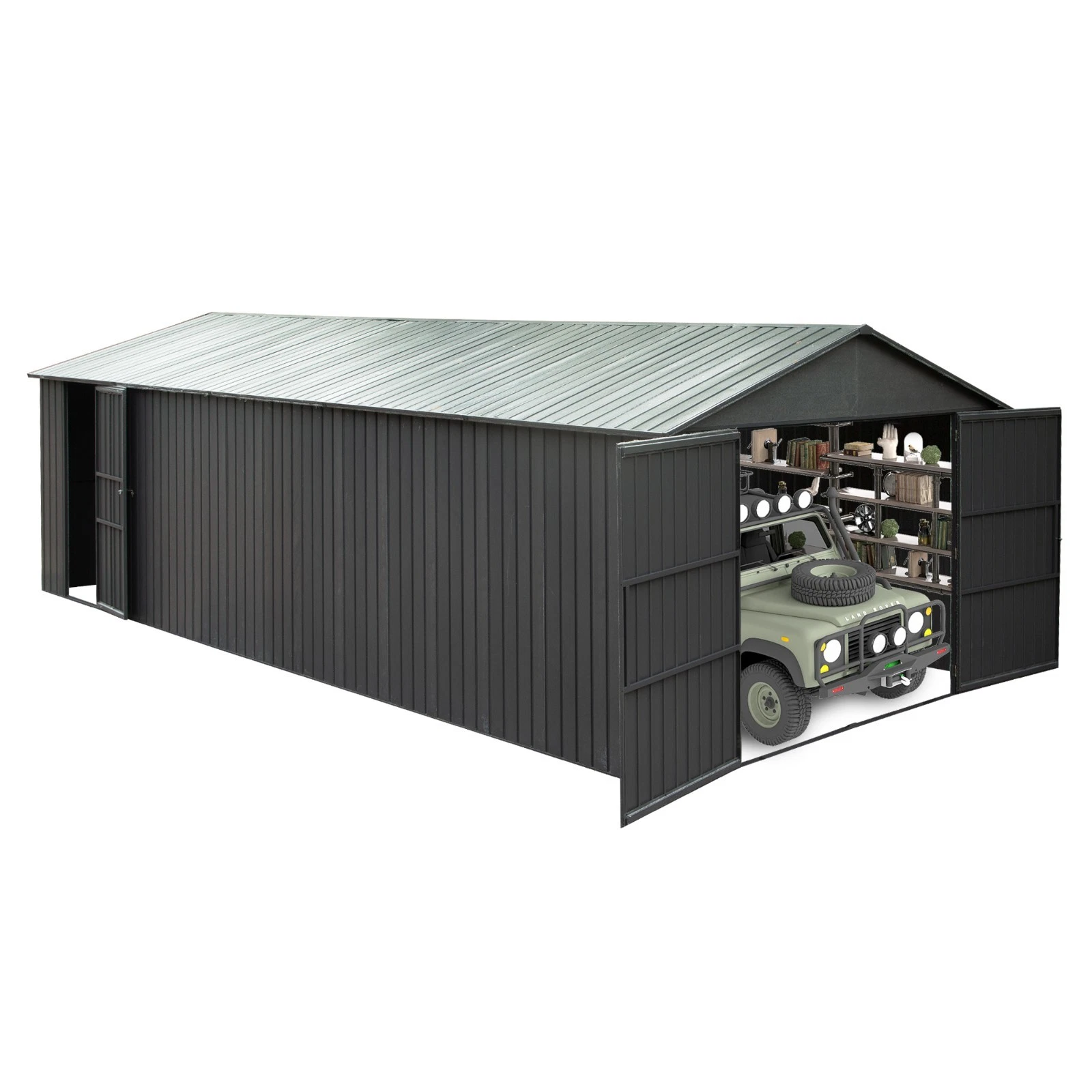 TOTAL Outdoor 12x25FT Outdoor Metal Garage Shed, Extra-Large Steel Carport with Lockable Double Doors, Heavy-Duty Car Shelter for Cars, Trucks, Motorcycles, and Lawn Equipment, Dark Grey