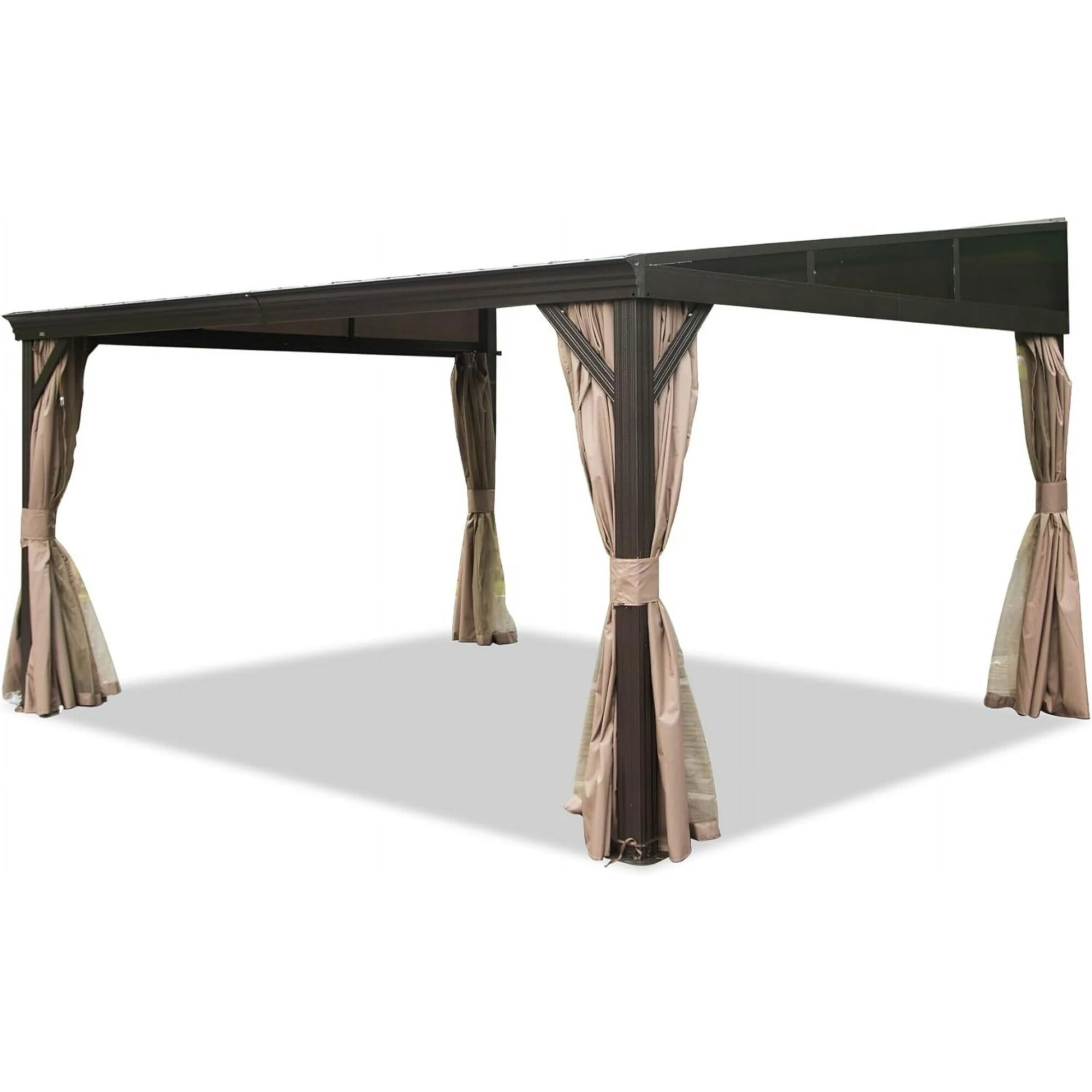 8' x 12' Brown Aluminum Wall-Mounted Patio Gazebo with Curtains