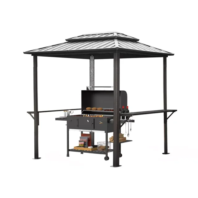 TOTAL Outdoor 8'x6' Hardtop Grill Gazebo, Double Metal Roof, BBQ Pavilion for Patio & Garden, Gray