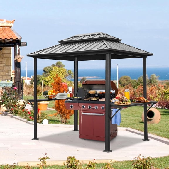 TOTAL Outdoor 8'x6' Hardtop Grill Gazebo, Double Metal Roof, BBQ Pavilion for Patio & Garden, Gray