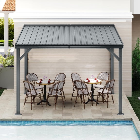 TOTAL Outdoor 8x10FT Heavy-Duty Wall-Mounted Gazebo with Galvanized Steel Roof, Wind & Snow Resistant Outdoor Patio Cover with Upgraded Drainage System