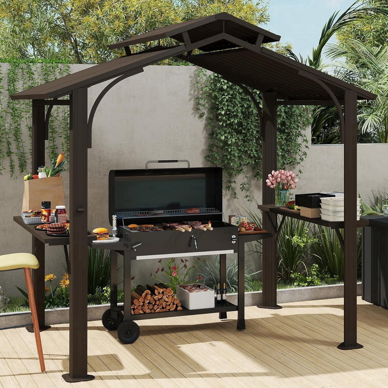 TOTAL Outdoor 8x5FT Hardtop Grill Gazebo, BBQ Canopy,Galvanized Steel Double Roof for Backyard,Brown