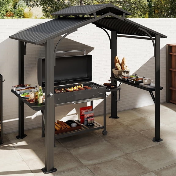 TOTAL Outdoor 8x5FT Hardtop Grill Gazebo, BBQ Canopy, Galvanized Steel Double Roof for Backyard,Grey