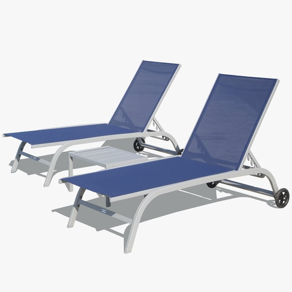 TOTAL Outdoor Adjustable Chaise Lounge Chairs Set with Wheels, 2 Lounge Chairs and 1 table, All-Weather Textilene, 5 Reclining Positions for Poolside, Patio, and Beach, Blue