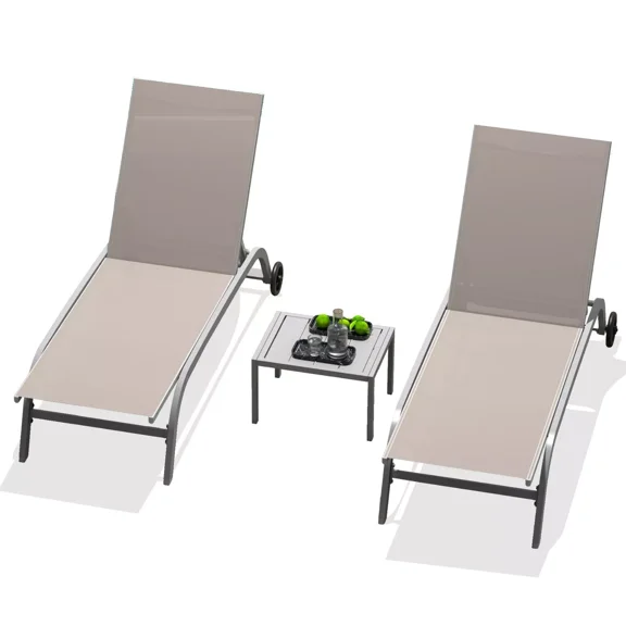 TOTAL Outdoor Adjustable Chaise Lounge Chairs Set with Wheels, 2 Lounge Chairs and 1 table, All-Weather Textilene, 5 Reclining Positions for Poolside, Patio, and Beach, Khaki