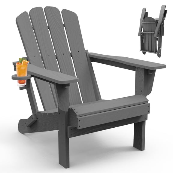 TOTAL Outdoor Folding Adirondack Chair, All-Weather HDPE Patio Chairs with Cup Holders, Weather-Resistant Fire Pit Seating for Garden, Backyard, Deck & Poolside, Gray