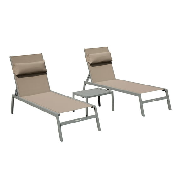 TOTAL Outdoor Patio Chaise Lounge Set of 3,Aluminum Adjustable Pool Lounge Chairs with Side Table,Sunbathing Lounger for Deck Lawn Patio Backyard,Textilene - Khaki