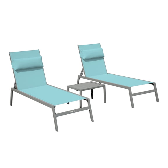 TOTAL Outdoor Patio Chaise Lounge Set of 3,Aluminum Adjustable Pool Lounge Chairs with Side Table,Sunbathing Lounger for Deck Lawn Patio Backyard,Textilene - Turquoise Blue