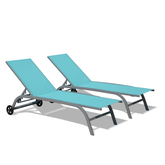 TOTAL Outdoor Set of 2 Adjustable Chaise Lounge Chairs with Wheels, All-Weather Textilene, 5 Reclining Positions for Poolside, Patio, and Beach, Turquoise Blue