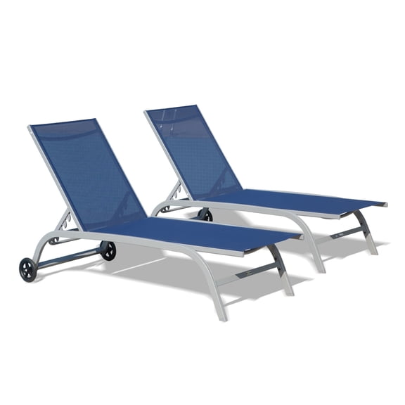 TOTAL Outdoor Set of 2 Adjustable Chaise Lounge Chairs with Wheels, All-Weather Textilene, 5 Reclining Positions for Poolside, Patio, and Beach, Blue