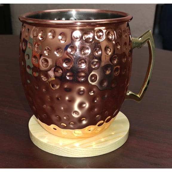 TOTALLY PRODUCTS Hammered Goldtone Copper Moscow Mule Mug with Wooden Coaster (Set of 4) 2