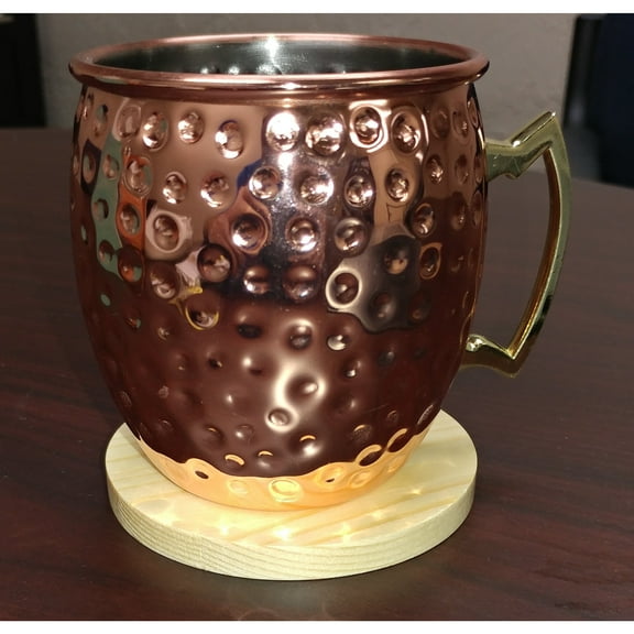 TOTALLY PRODUCTS Hammered Goldtone Copper Moscow Mule Mug with Wooden Coaster (Set of 4) 4