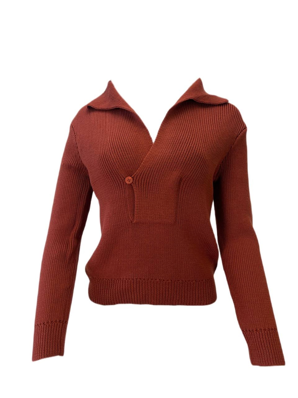 TOTEME Women's Long Sleeve V-Neck Heavy Knitted Sweater, Rust Red