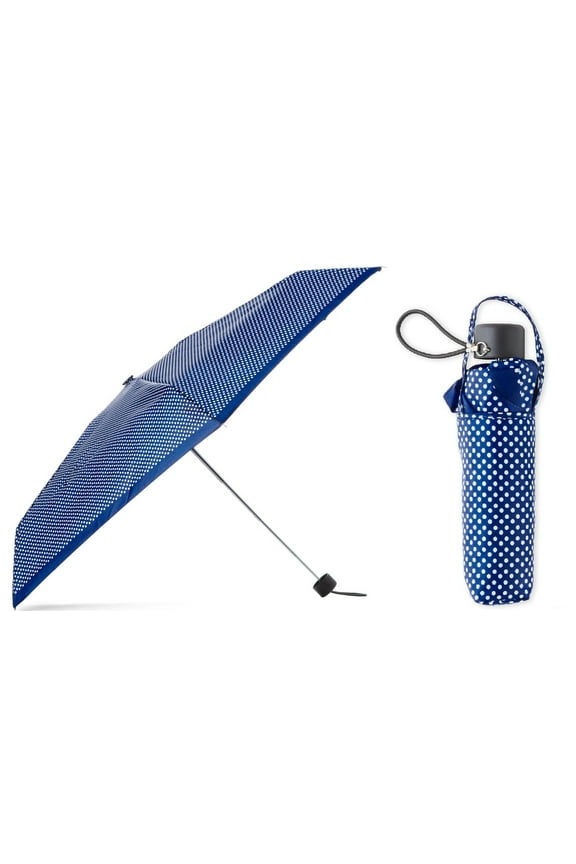 NeverWet MICRO MINI PURSE MANUAL UMBRELLA 38" Arc. Navy White Pin Dot