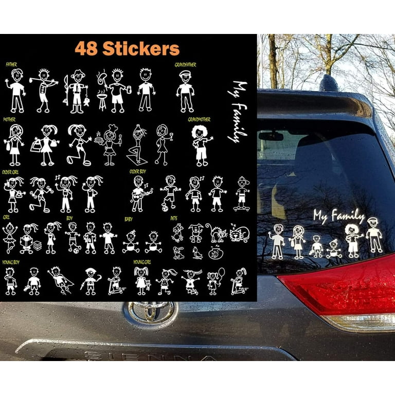 TOTOMO 48 Stick Figure My Family Car Stickers with Pet Dog Cat Fish Rabbit Bird Family Car Decal Sticker for Windows Bumper Walmart