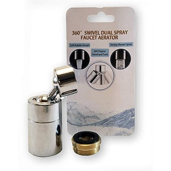 TOTOMO Kitchen Sink Faucet Aerator (Solid Brass) 2 Spray-mode (Shower&Bubble Stream) 360 Swivel Booster Sprayer adapter Water Saving Head attachment replacement - Chrome/Big Angle Swiveling
